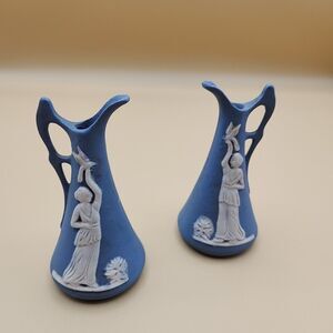 VTG Blue Ceramic Bisque Pitcher Set of 2 Jasperware 3.5" Japan Grecian Woman